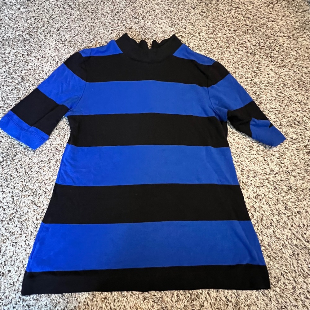 Ann Taylor Womens Mock Neck Striped Top Royal Blue Black Short Sleeve Size M